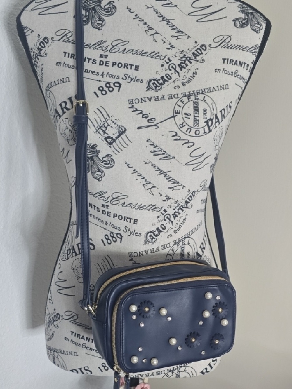 Navy Pearl & Flower Crossbody Bag